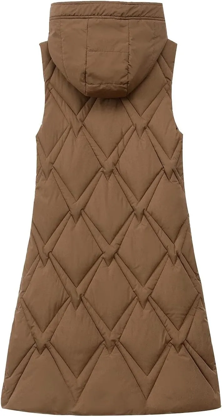 Women's Long Puffer Vest Jacket Full Zipper Sleeveless Quilted Down Coat Thickened Warm Windbreakers Outerwear Tops