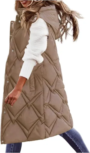 Women's Long Puffer Vest Jacket Full Zipper Sleeveless Quilted Down Coat Thickened Warm Windbreakers Outerwear Tops