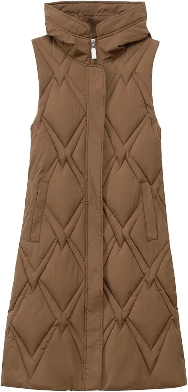 Women's Long Puffer Vest Jacket Full Zipper Sleeveless Quilted Down Coat Thickened Warm Windbreakers Outerwear Tops