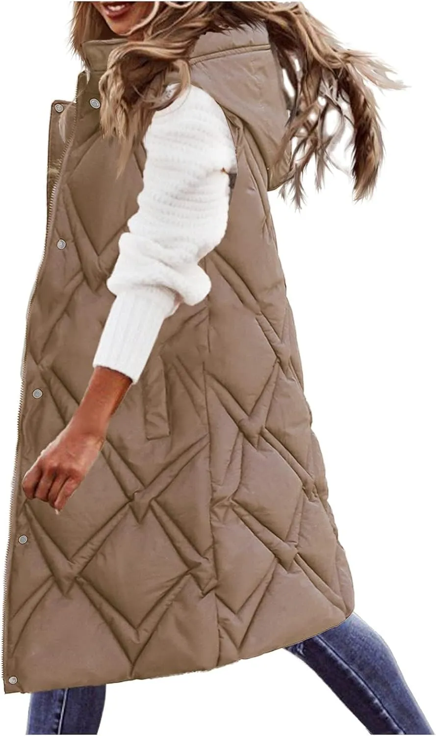 Women's Long Puffer Vest Jacket Full Zipper Sleeveless Quilted Down Coat Thickened Warm Windbreakers Outerwear Tops