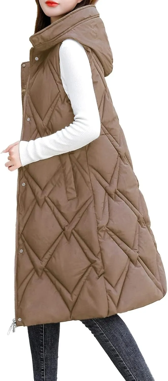 Women's Long Puffer Vest Jacket Full Zipper Sleeveless Quilted Down Coat Thickened Warm Windbreakers Outerwear Tops