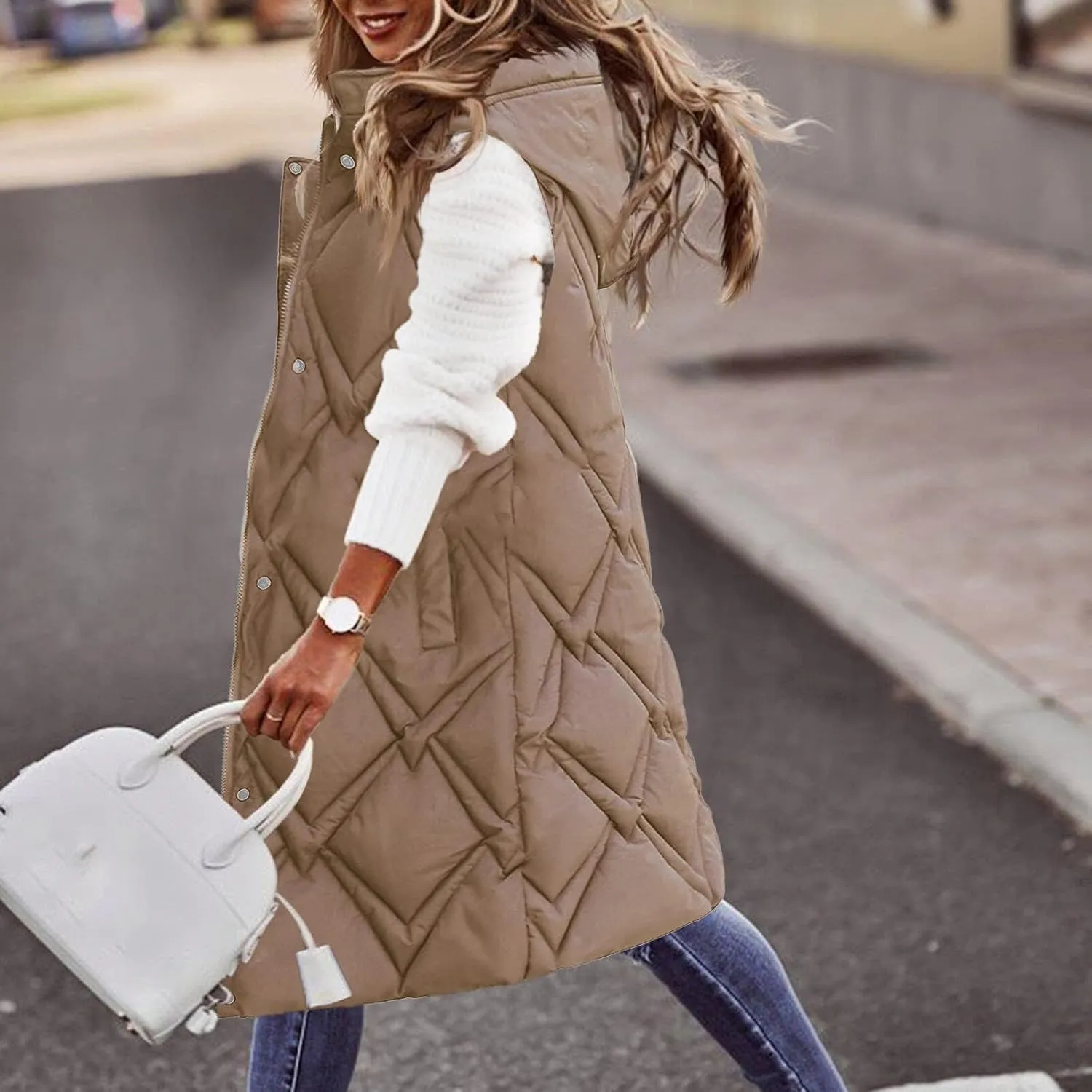 Women's Long Puffer Vest Jacket Full Zipper Sleeveless Quilted Down Coat Thickened Warm Windbreakers Outerwear Tops