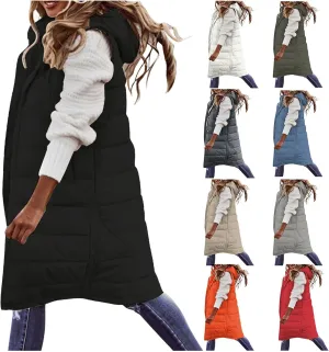 Women's Long Puffer Vest Jacket Sleveless Hoodies Full Zipper Down Coats Thickened Warm Windbreakers with Pockets
