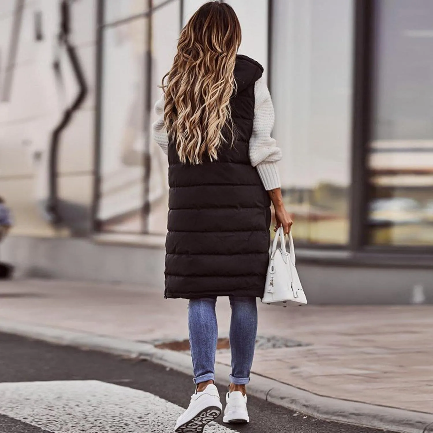 Women's Long Puffer Vest Jacket Sleveless Hoodies Full Zipper Down Coats Thickened Warm Windbreakers with Pockets