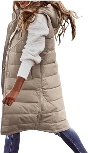Women's Long Puffer Vest Jacket Sleveless Hoodies Full Zipper Down Coats Thickened Warm Windbreakers with Pockets