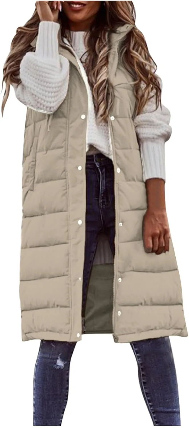 Women's Long Puffer Vest Jacket Sleveless Hoodies Full Zipper Down Coats Thickened Warm Windbreakers with Pockets