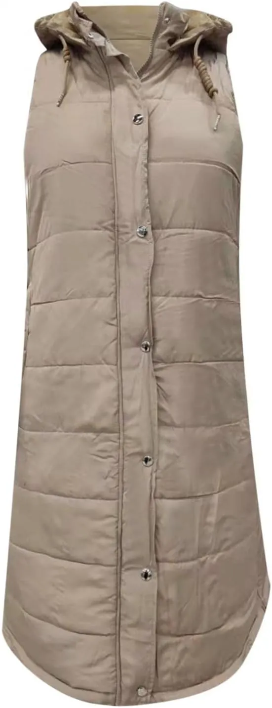 Women's Long Puffer Vest Jacket Sleveless Hoodies Full Zipper Down Coats Thickened Warm Windbreakers with Pockets