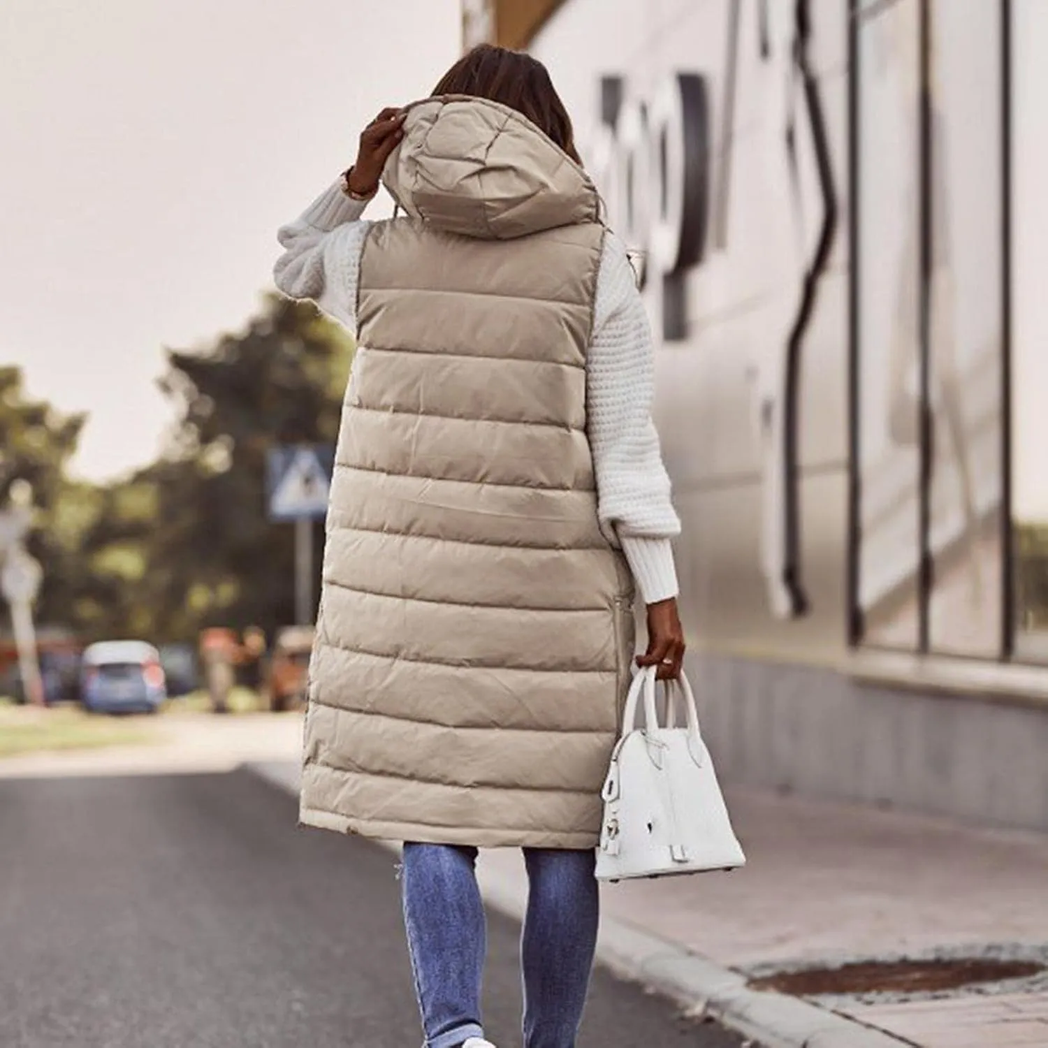 Women's Long Puffer Vest Jacket Sleveless Hoodies Full Zipper Down Coats Thickened Warm Windbreakers with Pockets
