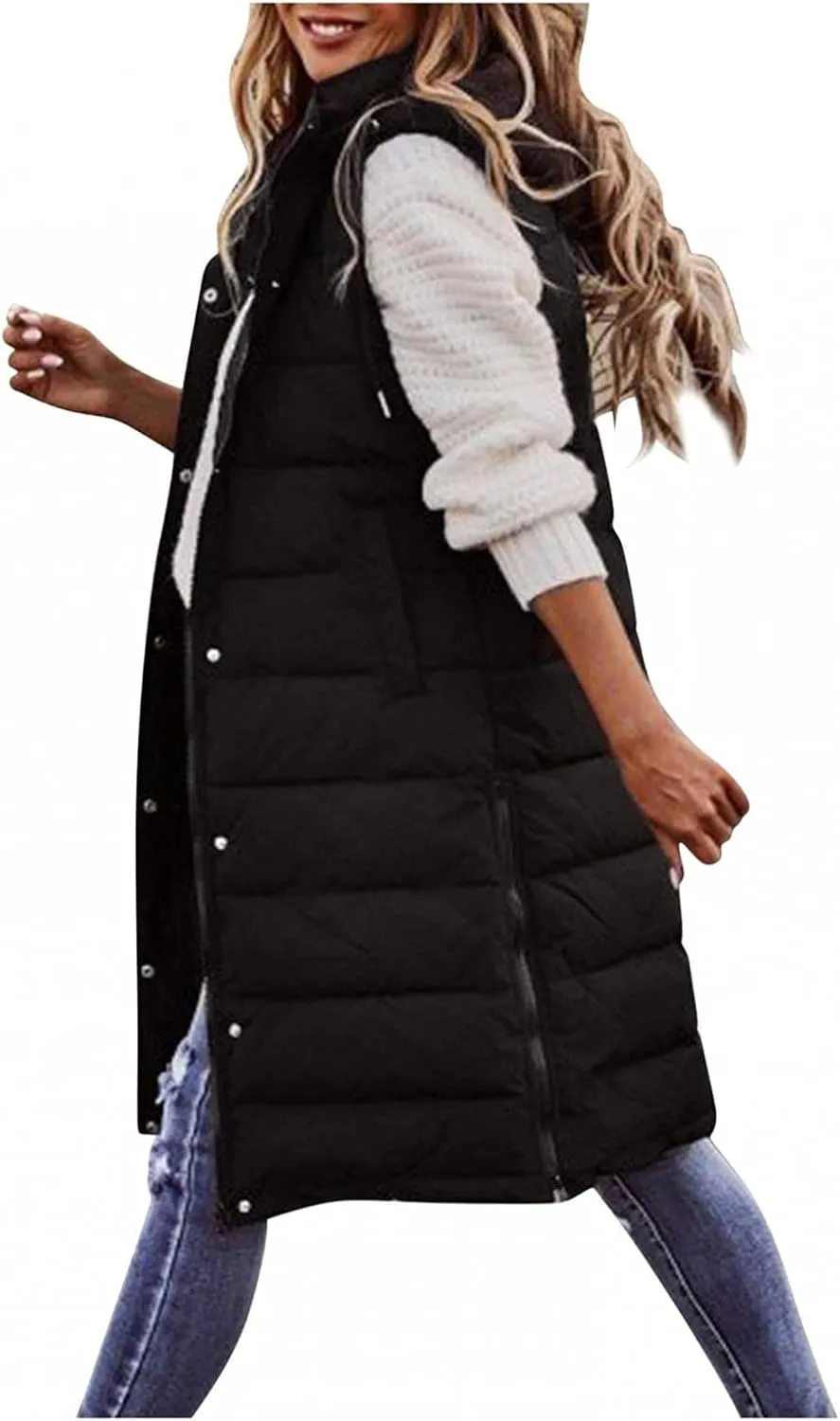 Women's Long Puffer Vest Jacket Sleveless Hoodies Full Zipper Down Coats Thickened Warm Windbreakers with Pockets
