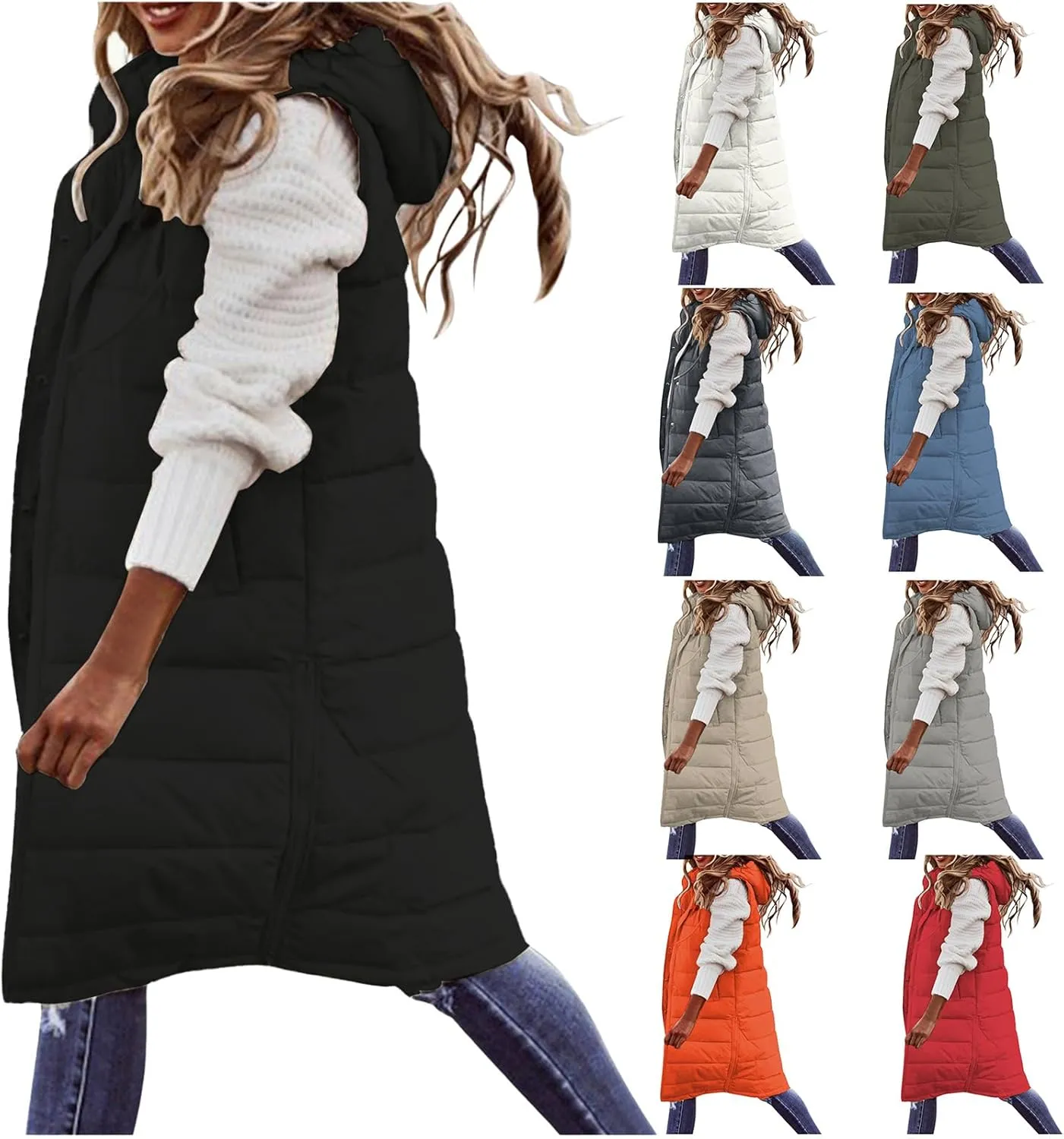 Women's Long Puffer Vest Jacket Sleveless Hoodies Full Zipper Down Coats Thickened Warm Windbreakers with Pockets