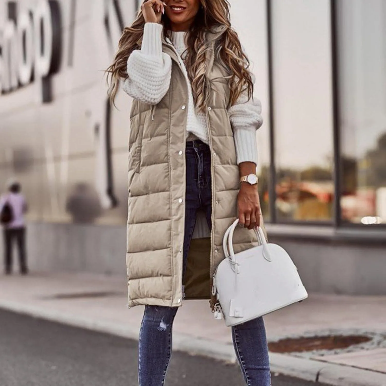 Women's Long Puffer Vest Jacket Sleveless Hoodies Full Zipper Down Coats Thickened Warm Windbreakers with Pockets