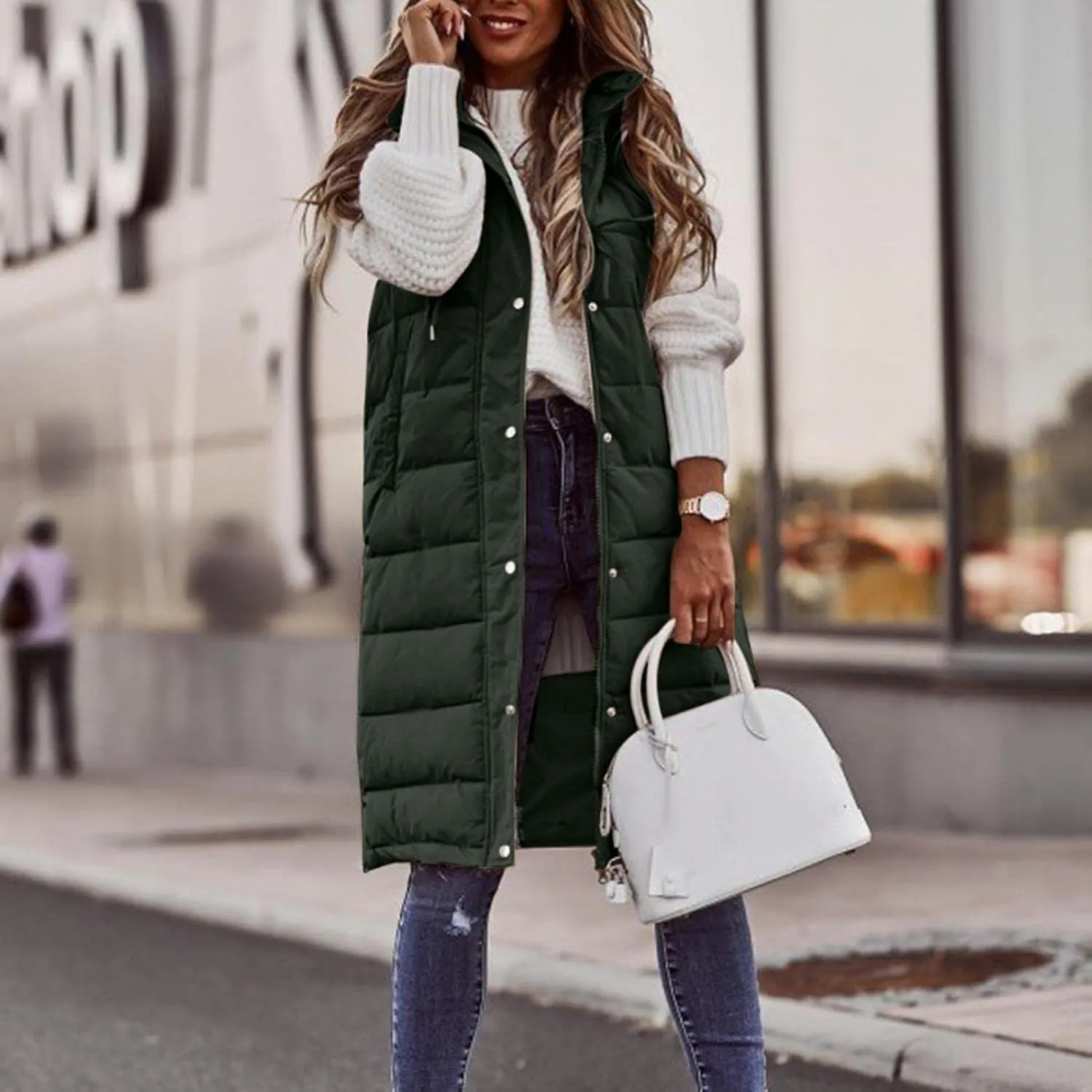 Women's Long Puffer Vest Jackets Hoodies Full Zipper Sleeveless Down Coats Thickened Warm Windbreakers with Pockets