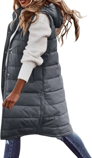 Women's Long Puffer Vest Jackets Hoodies Full Zipper Sleeveless Down Coats Thickened Warm Windbreakers with Pockets