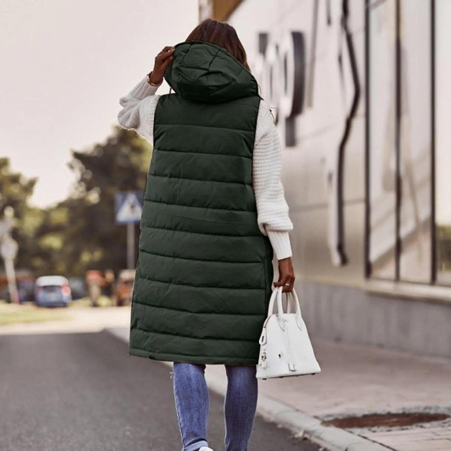 Women's Long Puffer Vest Jackets Hoodies Full Zipper Sleeveless Down Coats Thickened Warm Windbreakers with Pockets