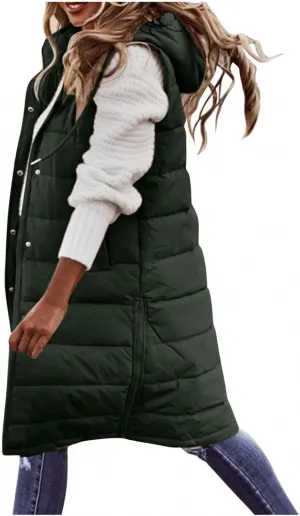Women's Long Puffer Vest Jackets Hoodies Full Zipper Sleeveless Down Coats Thickened Warm Windbreakers with Pockets