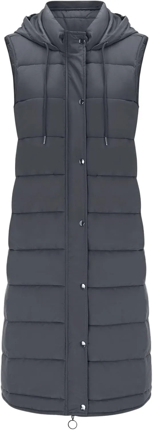 Women's Long Puffer Vest Jackets Hoodies Full Zipper Sleeveless Down Coats Thickened Warm Windbreakers with Pockets