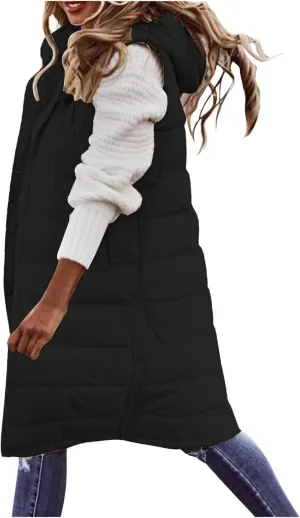 Women's Long Puffer Vest Jackets Hoodies Full Zipper Sleeveless Down Coats Thickened Warm Windbreakers with Pockets