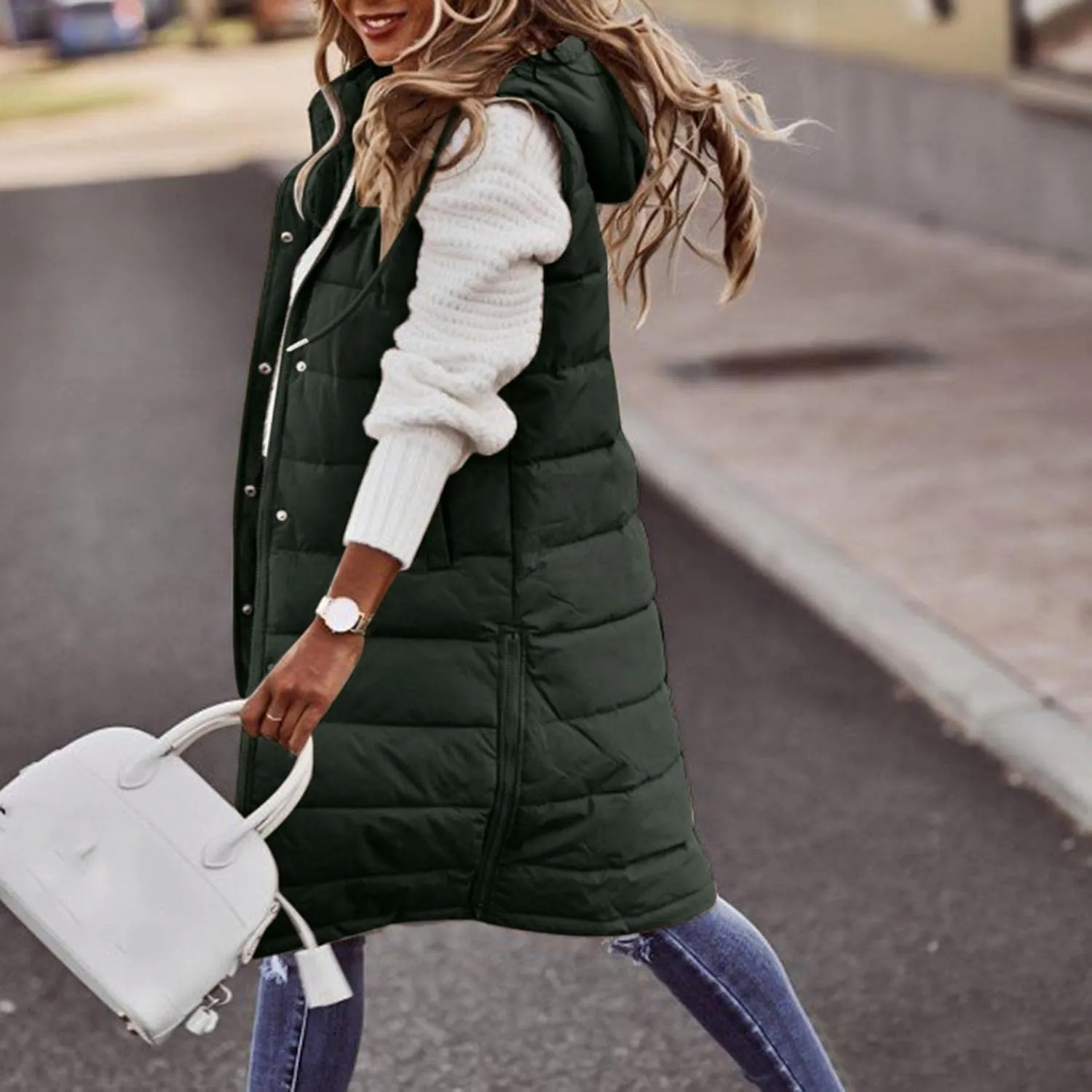 Women's Long Puffer Vest Jackets Hoodies Full Zipper Sleeveless Down Coats Thickened Warm Windbreakers with Pockets