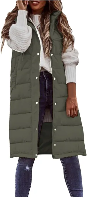 Womens Long Puffer Vest Sleveless Hoodies Jacket Full Zipper Quilted Vest Long Down Coats Thickened Warm Windbreakers