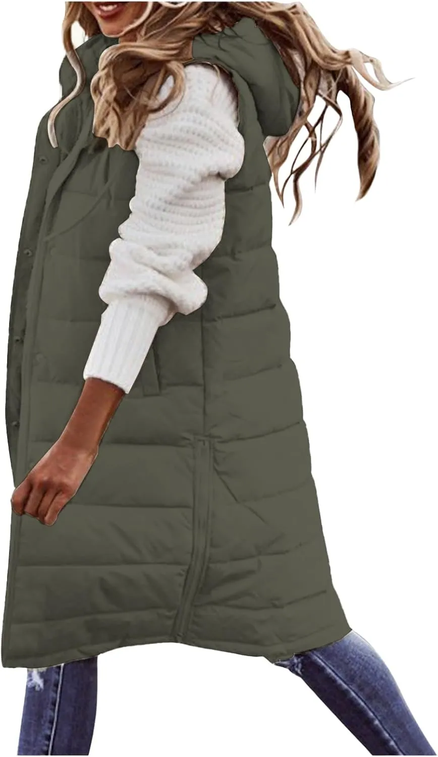 Womens Long Puffer Vest Sleveless Hoodies Jacket Full Zipper Quilted Vest Long Down Coats Thickened Warm Windbreakers