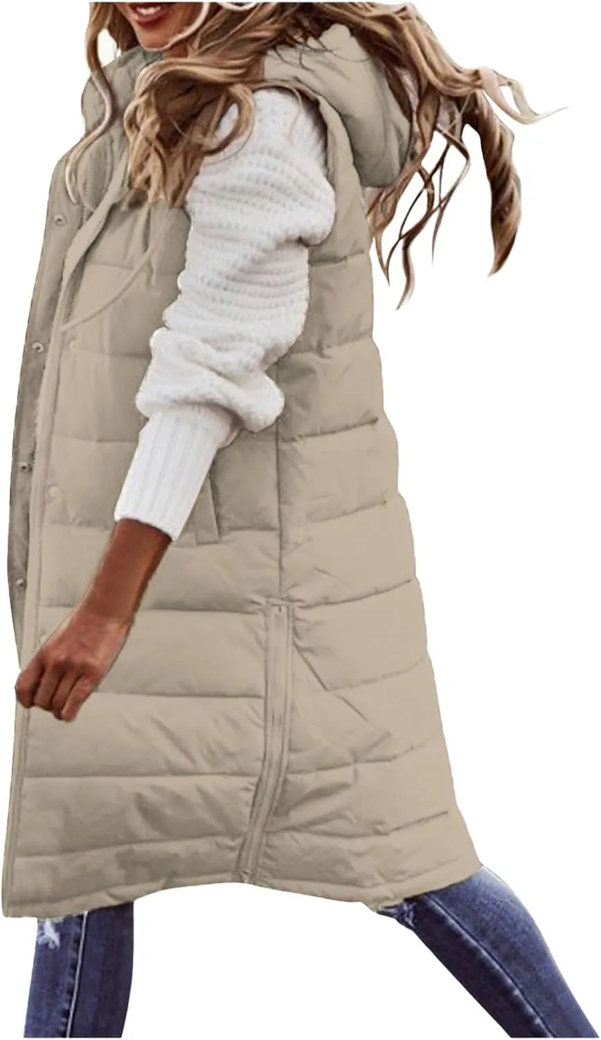 Womens Long Puffer Vest Sleveless Hoodies Jacket Full Zipper Quilted Vest Long Down Coats Thickened Warm Windbreakers