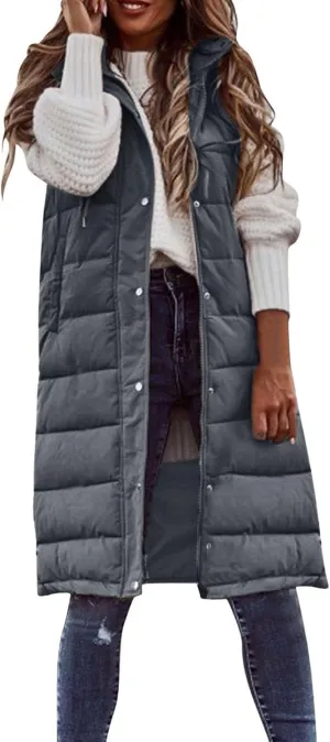 Womens Long Puffer Vest Sleveless Hoodies Jacket Full Zipper Quilted Vest Long Down Coats Thickened Warm Windbreakers