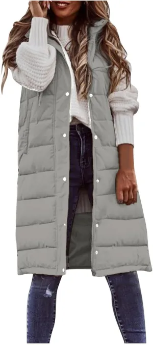 Womens Long Puffer Vest Sleveless Hoodies Jacket Full Zipper Quilted Vest Long Down Coats Thickened Warm Windbreakers