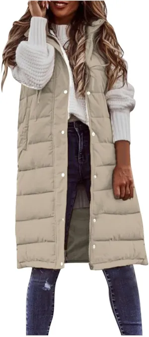 Womens Long Puffer Vest Sleveless Hoodies Jacket Full Zipper Quilted Vest Long Down Coats Thickened Warm Windbreakers