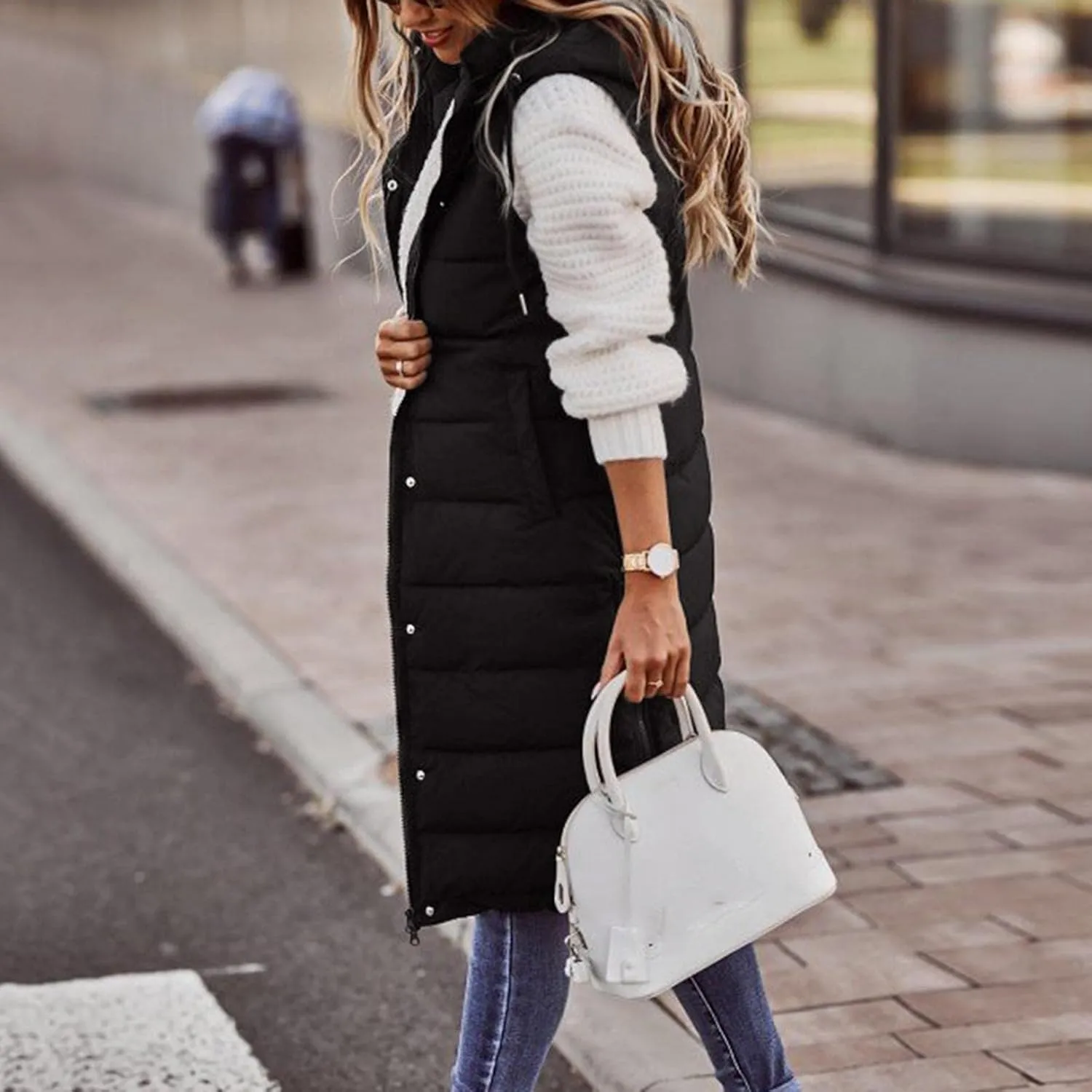Womens Long Vest Puffer Sleveless Hoodies Quilted Vest Oversized Outdoor Puffer Down Coat Thickened Winter Warm Jacket