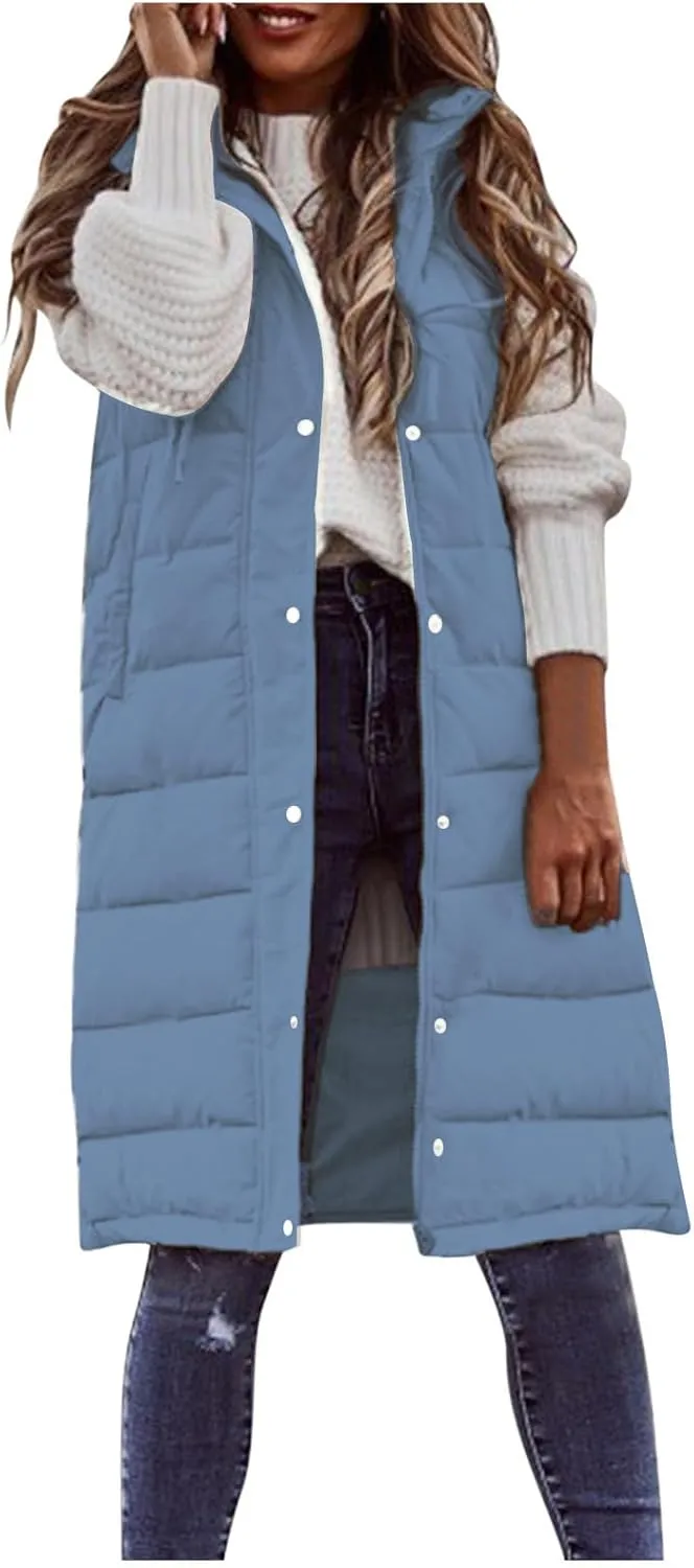 Womens Long Vest Puffer Sleveless Hoodies Quilted Vest Oversized Outdoor Puffer Down Coat Thickened Winter Warm Jacket