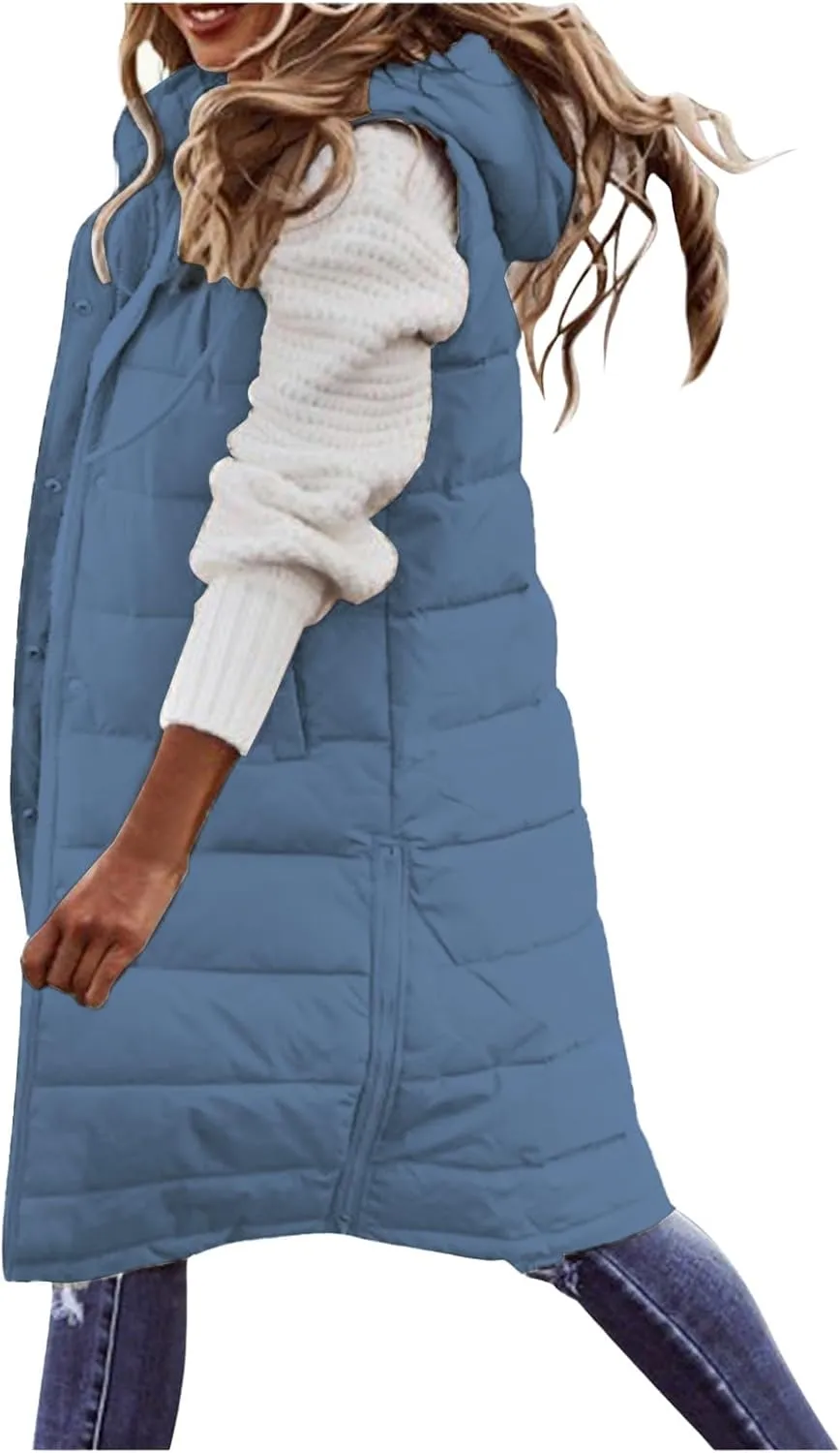 Womens Long Vest Puffer Sleveless Hoodies Quilted Vest Oversized Outdoor Puffer Down Coat Thickened Winter Warm Jacket