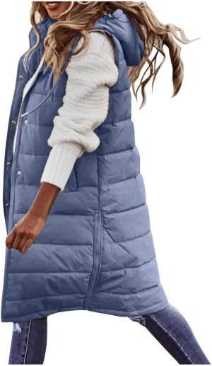 Womens Long Vest Puffer Sleveless Hoodies Quilted Vest Oversized Outdoor Puffer Down Coat Thickened Winter Warm Jacket