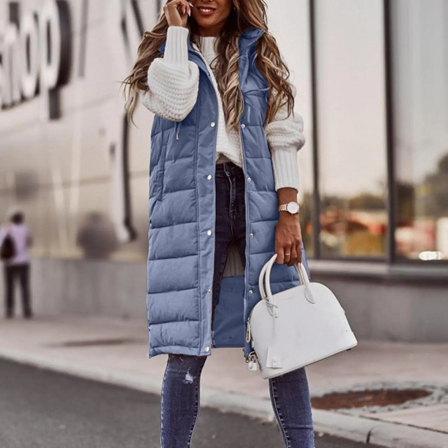 Womens Long Vest Puffer Sleveless Hoodies Quilted Vest Oversized Outdoor Puffer Down Coat Thickened Winter Warm Jacket