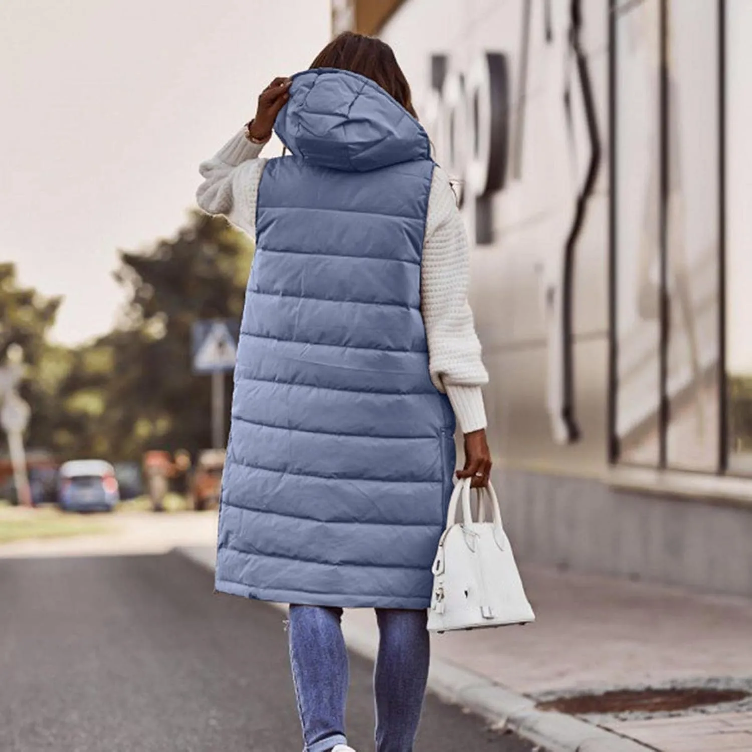 Womens Long Vest Puffer Sleveless Hoodies Quilted Vest Oversized Outdoor Puffer Down Coat Thickened Winter Warm Jacket