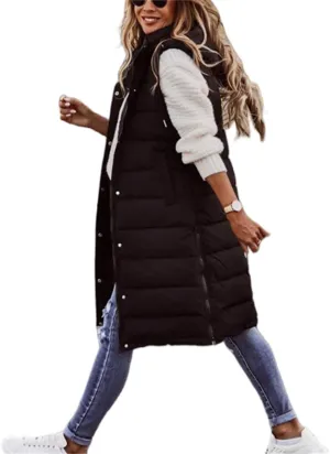 Womens Long Vest Puffer Sleveless Hoodies Quilted Vest Oversized Outdoor Puffer Down Coat Thickened Winter Warm Jacket