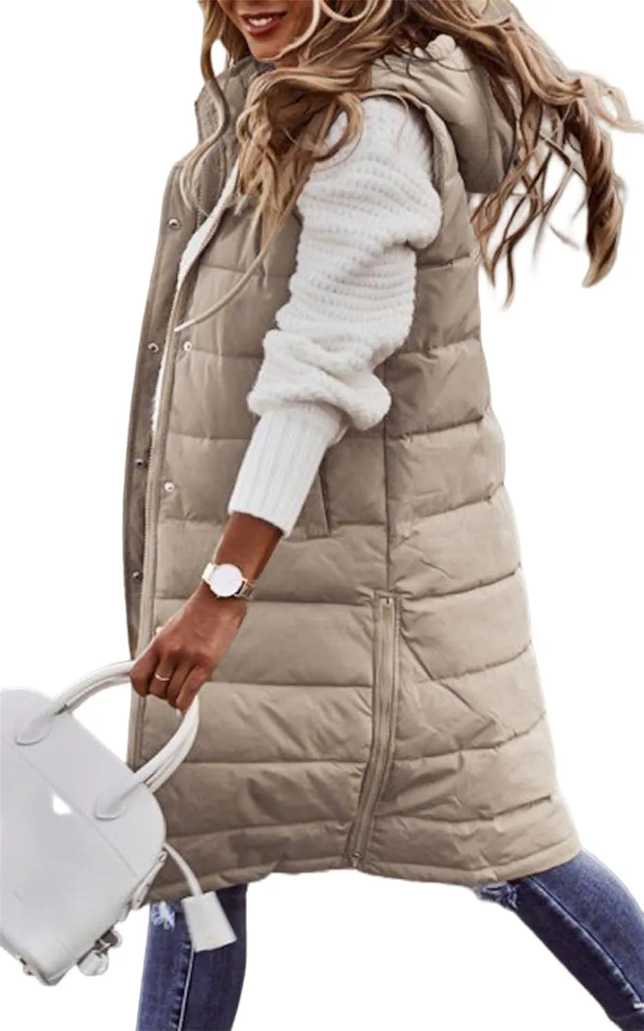 Womens Long Vest Puffer Sleveless Hoodies Quilted Vest Oversized Outdoor Puffer Down Coat Thickened Winter Warm Jacket