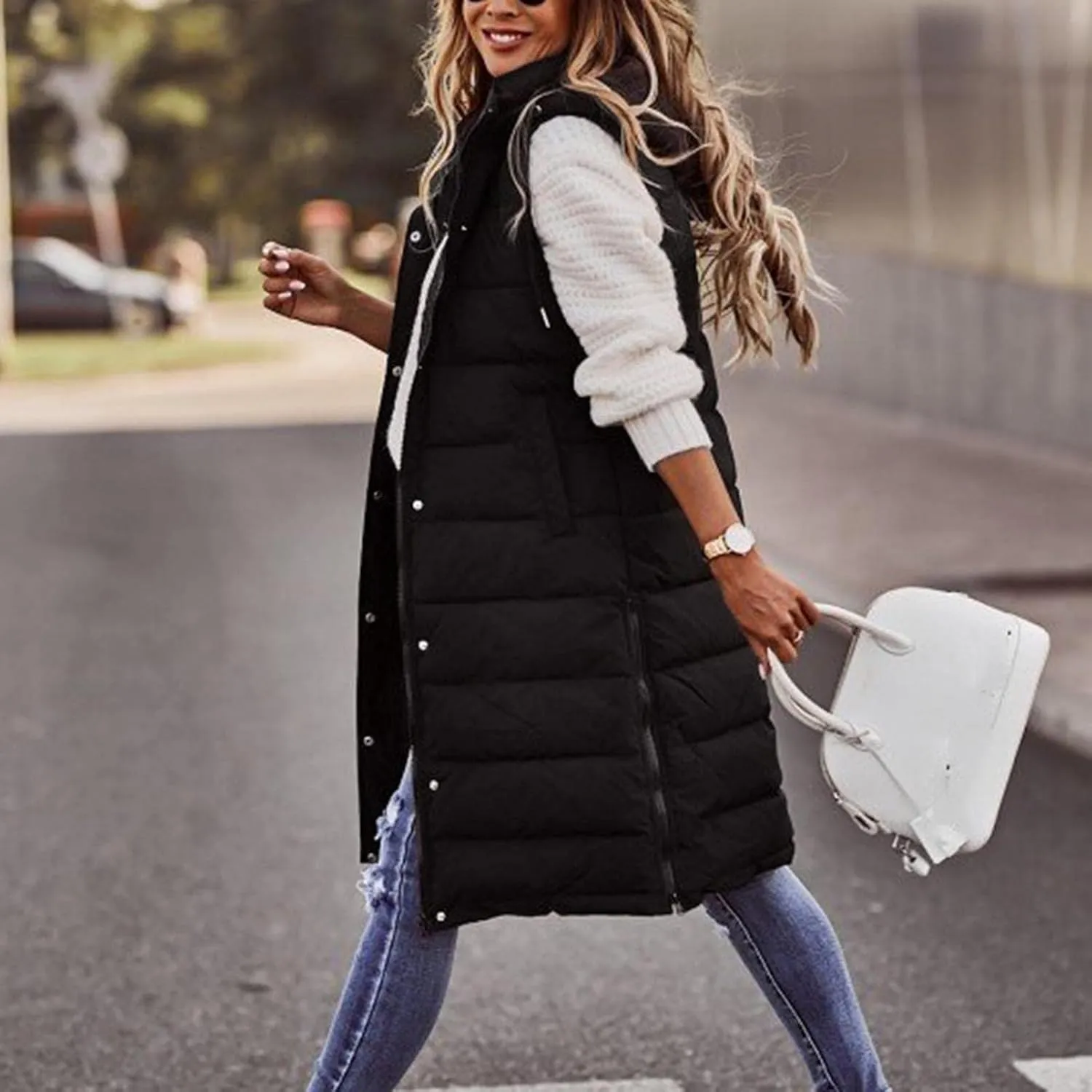 Womens Long Vest Puffer Sleveless Hoodies Quilted Vest Oversized Outdoor Puffer Down Coat Thickened Winter Warm Jacket