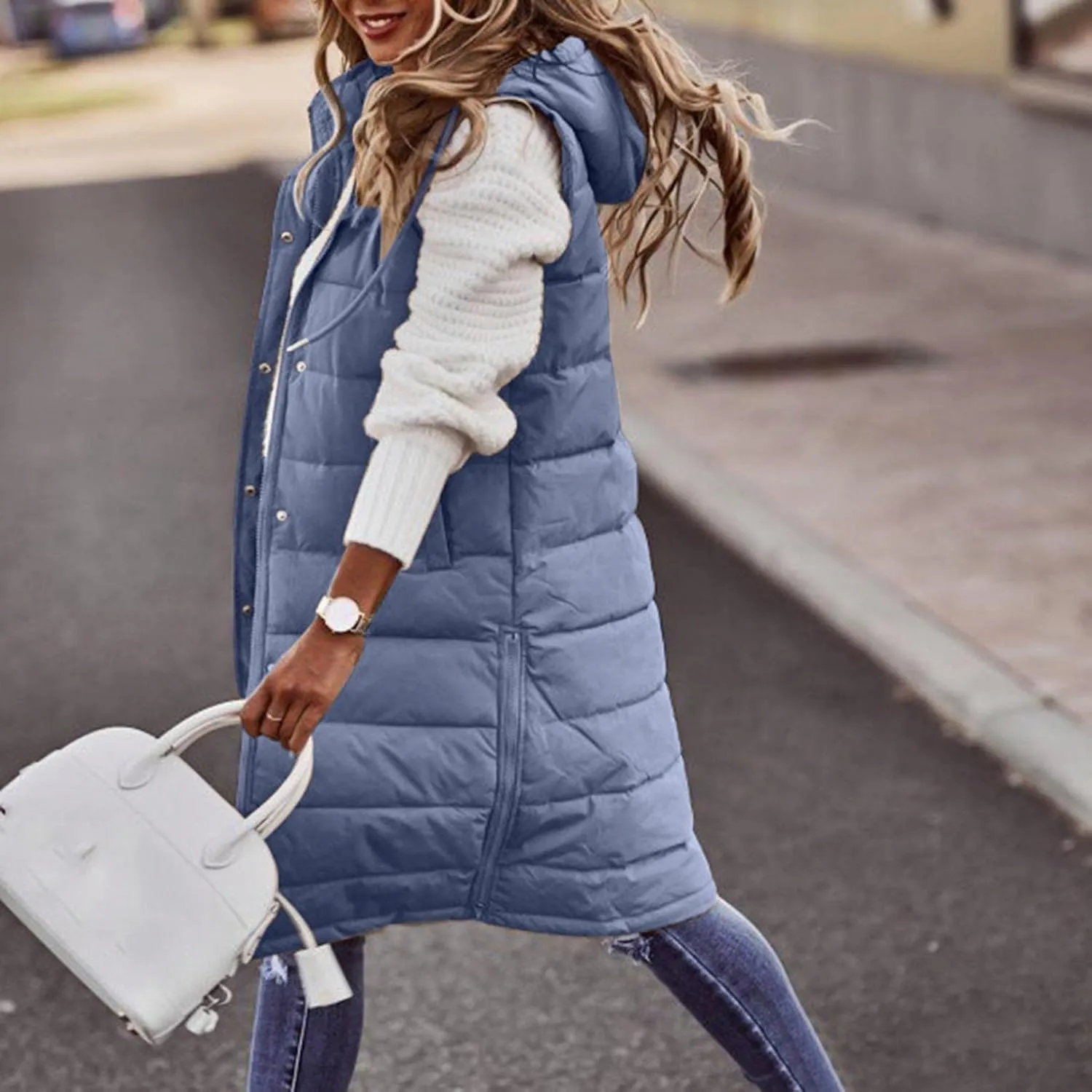 Womens Long Vest Puffer Sleveless Hoodies Quilted Vest Oversized Outdoor Puffer Down Coat Thickened Winter Warm Jacket