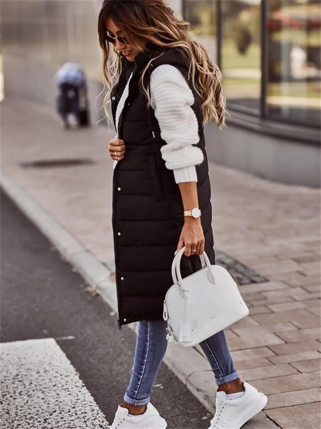 Womens Long Vest Puffer Sleveless Hoodies Quilted Vest Oversized Outdoor Puffer Down Coat Thickened Winter Warm Jacket