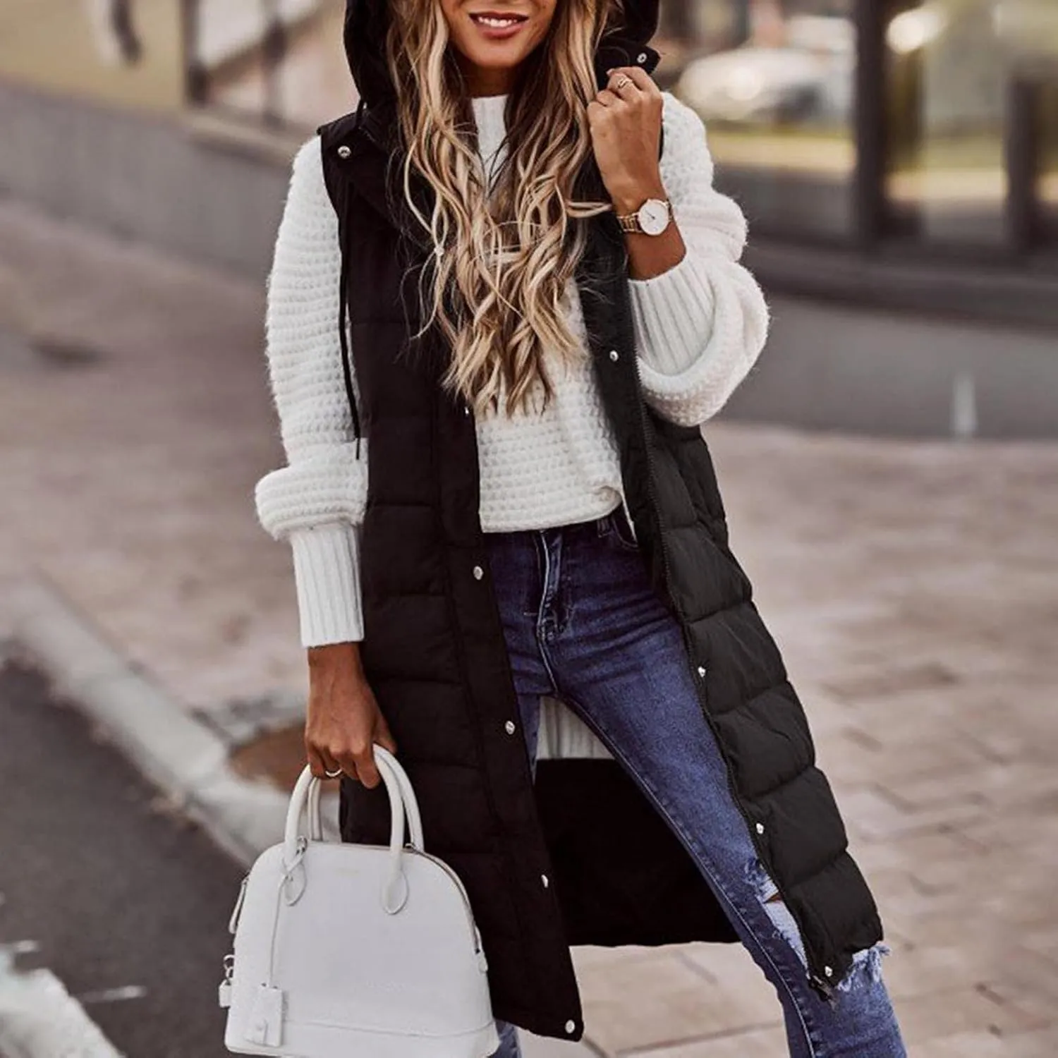Womens Long Vest Puffer Sleveless Hoodies Quilted Vest Oversized Outdoor Puffer Down Coat Thickened Winter Warm Jacket