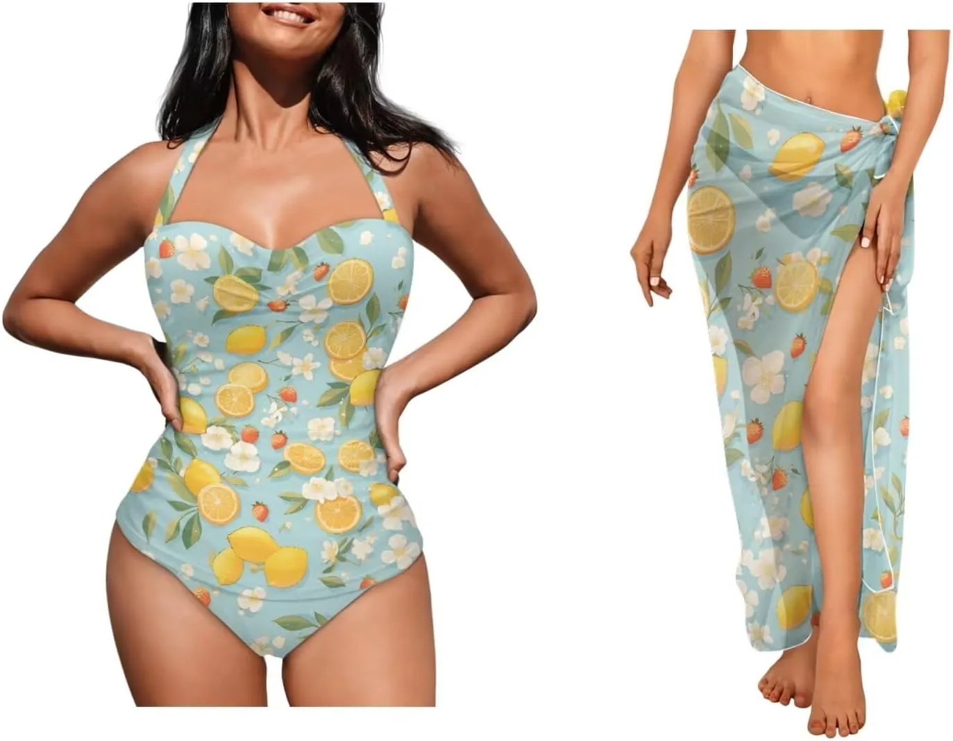 Womens One Piece Bathing Suit Tummy Control Swimsuit with Beach Cover up Wrap Skirt Sarong Cheeky Two Piece 2XL