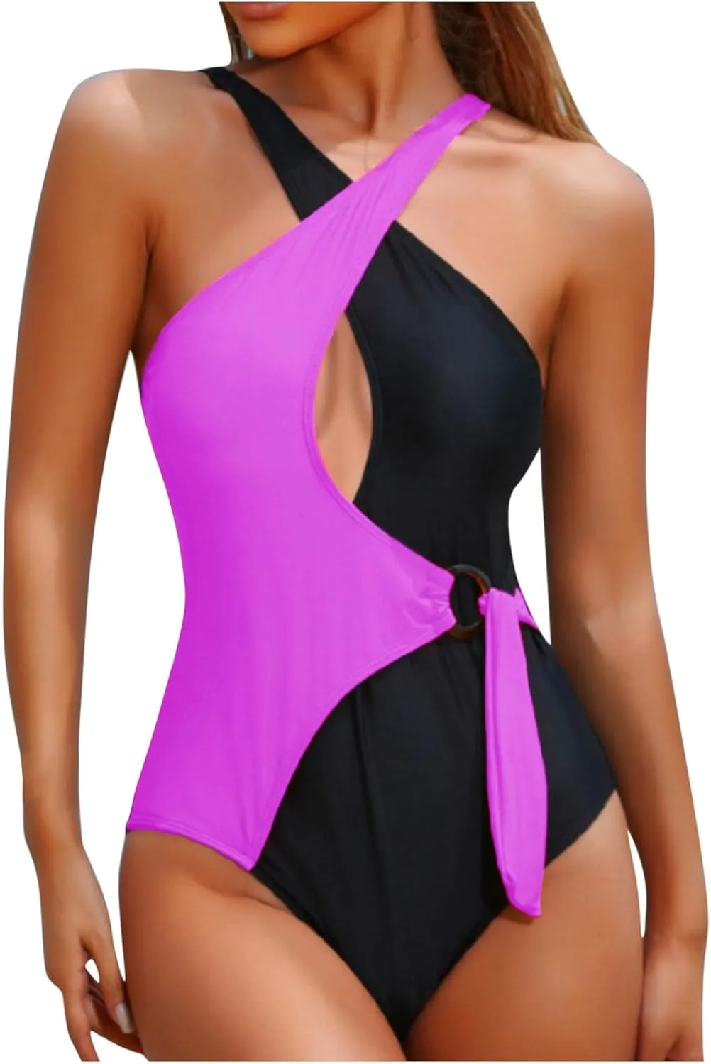 Women's One Piece Bikini Swimsuits Front Cross Keyhole Tummy Control Backless Bathing Suit Color Block Beachwear