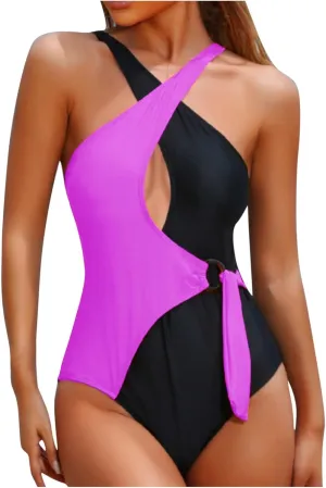 Women's One Piece Bikini Swimsuits Front Cross Keyhole Tummy Control Backless Bathing Suit Color Block Beachwear