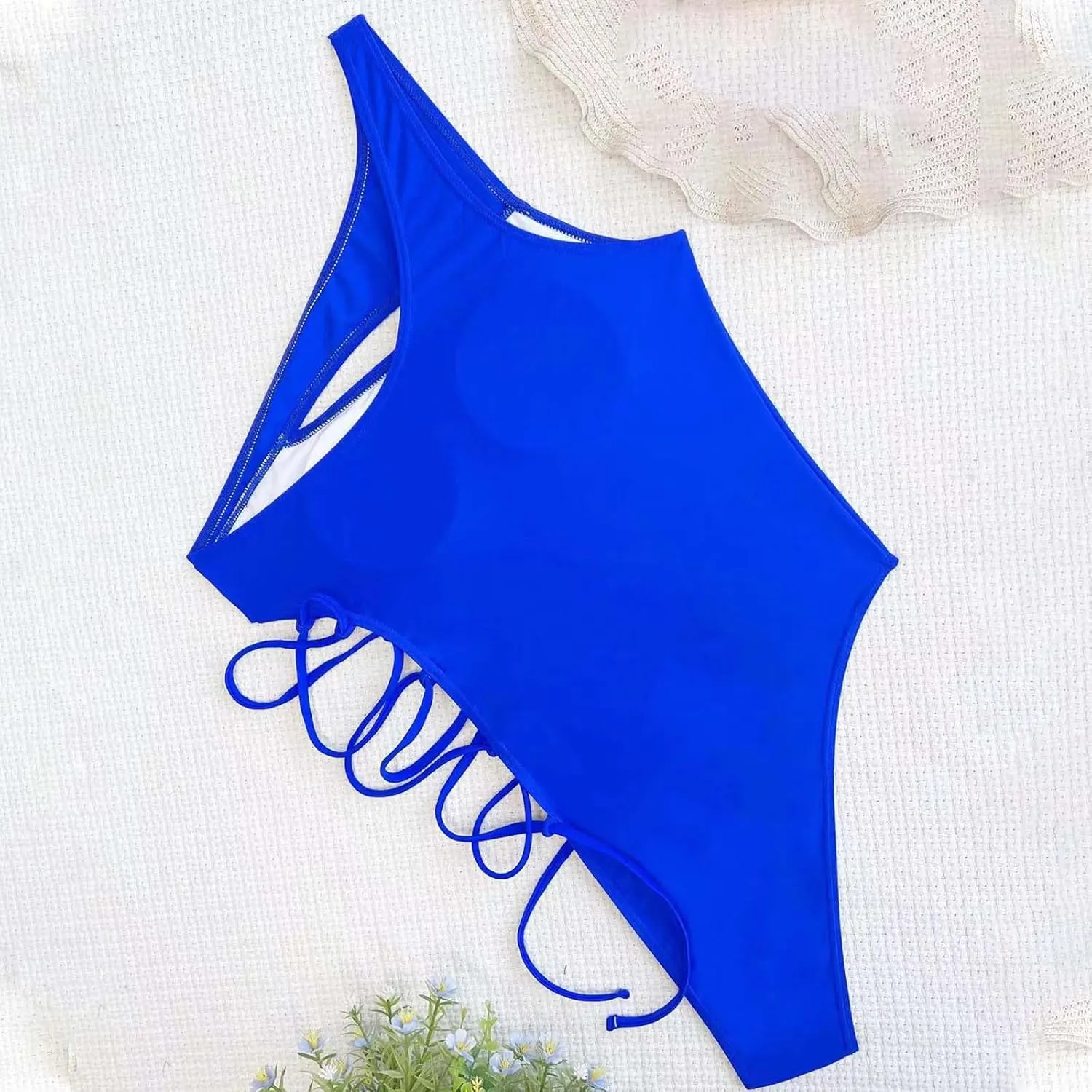 Women's One Piece One Shoulder Swimsuit Tummy Control Hollow Out Bathing Suit Sexy High Cut Lace Up Swim Suits