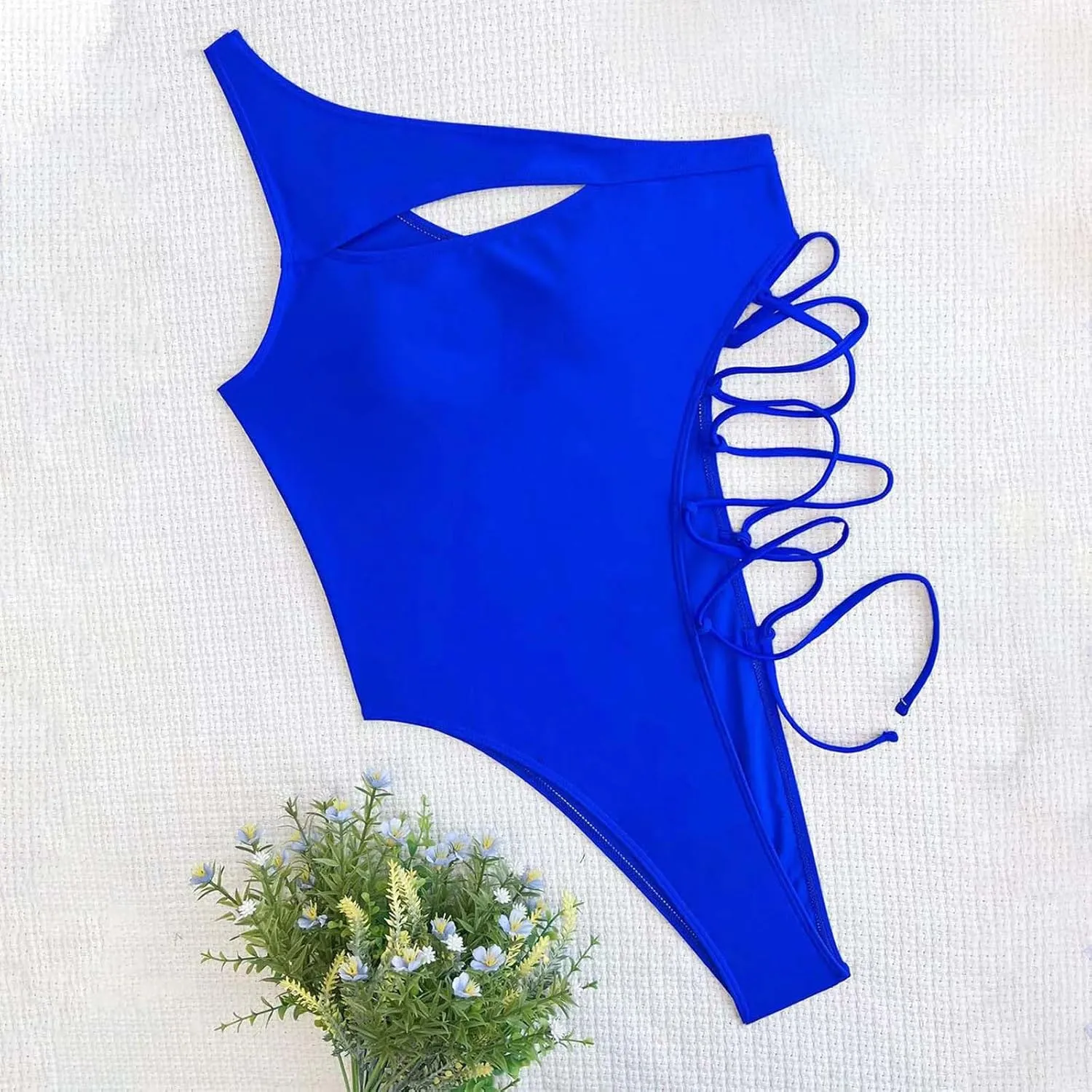 Women's One Piece One Shoulder Swimsuit Tummy Control Hollow Out Bathing Suit Sexy High Cut Lace Up Swim Suits