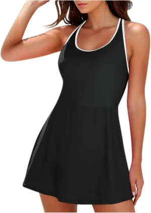 Womens One Piece Swimsuit Crewneck Cute Tummy Control Adjustable Straps Bathing Suits 2025 Casual Slimming Swim Dress