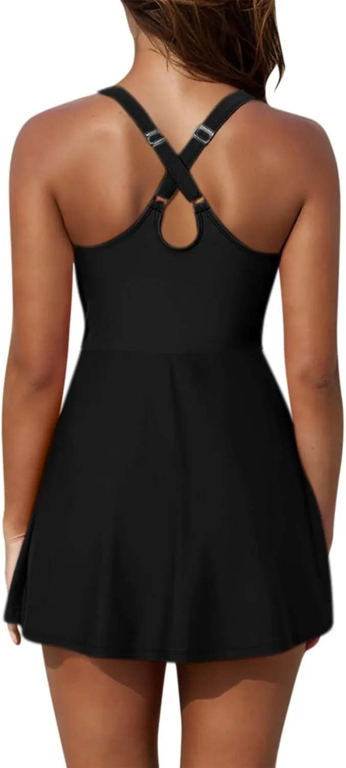 Womens One Piece Swimsuit Crewneck Cute Tummy Control Adjustable Straps Bathing Suits 2025 Casual Slimming Swim Dress