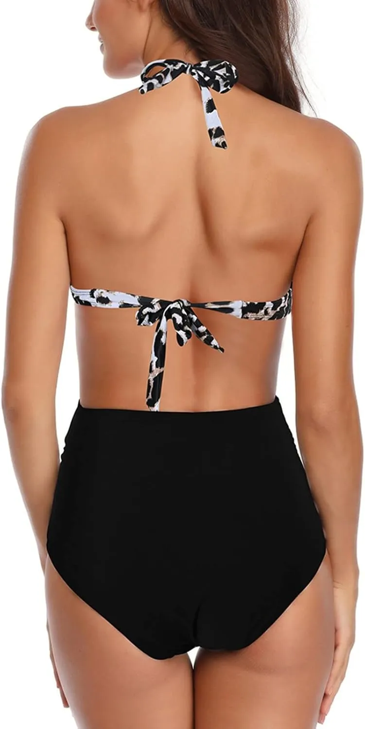 Women's One Piece Swimsuit Halter Backless Tie Knot Bathing Suits Tummy Control Wrap V Neck Beach Bikini Swimwear