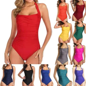 Women's One Piece Swimsuit Tummy Control Ruched Bathing Suits Slimming Halter Swimwear Push Up High Cut Swim Suit