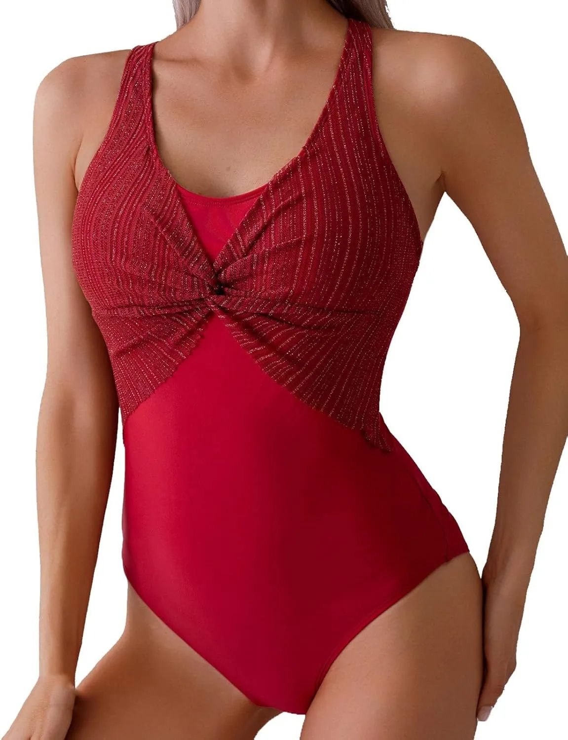 Womens One Piece Swimsuits Tummy Control Ruched Twisted Knot Front Criss Cross Backless Bathing Suits Slimming Swimwear